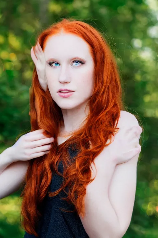 Image similar to a portrait of a redhead beautiful girl, green eyes, highly detailed, 3 5 mm f 1. 4 background silver fir