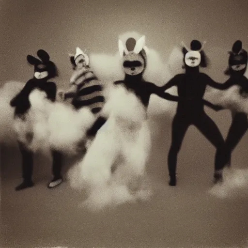 Image similar to pinhole photo of dancers made from cotton candy in big geometric MASKS, smudge, lo fi, mix, texture