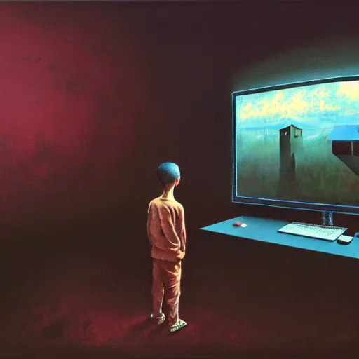 Image similar to 8k professional photo of an 8 years old enlightened and scared boy standing in front of an old computer from 90s with a game doom2 at the monitor screen in a vr vaporvawe space, Beksinski impasto painting, part by Adrian Ghenie and Gerhard Richter. art by Takato Yamamoto, masterpiece. still from a movie by Gaspar Noe and James Cameron