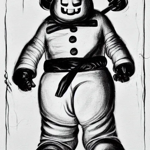 Image similar to Black and white drawing of the Stay Puft Marshmallow Man, Stephen Gammell style, evil, high detail, Scary Stories