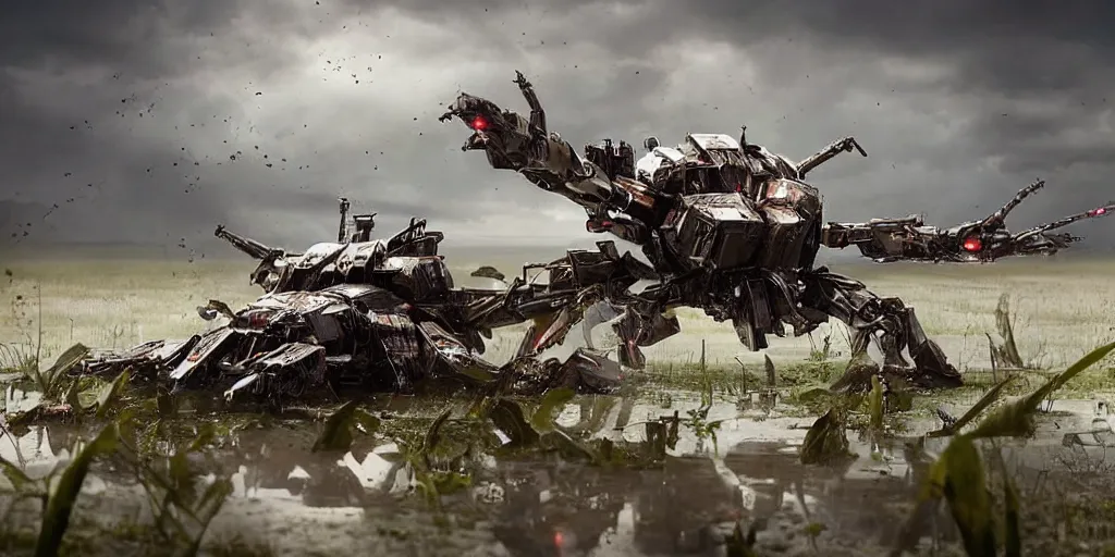 Image similar to a powefull spider shapped battle mecha with a rail gun turet, rockets lauchers, plasma gun, in a battlefield, mud, water, swamp, reeds, natural light, war phtography, by annie leibowitz