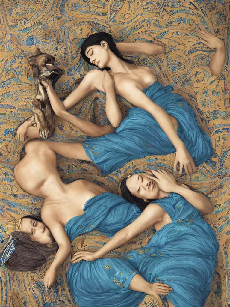 Image similar to portrait of a beautiful female ancient Egyptian goddess lying down asleep next to the god Anubis as a whippet, blue lotus flowers grow around them as they sleep peacefully, by Alessio Albi, painted by Artgerm