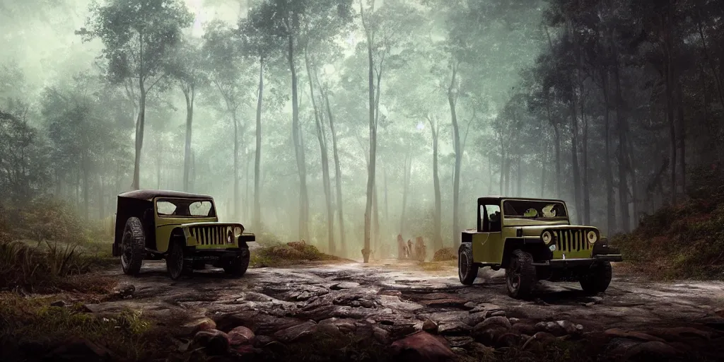 Prompt: willys jeep, in kerala forest road in 1921, chasing action scene, an epic fantasy, dramatic lighting, cinematic, establishing shot, extremely high detail, photorealistic, cinematic lighting, matte painting, artstation, by simon stalenhag, horizon forbideen west