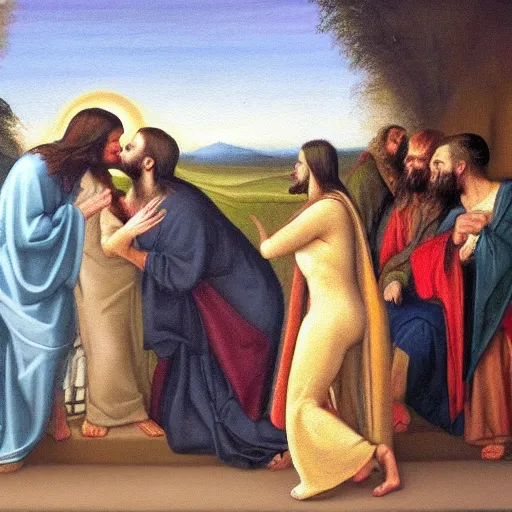 Image similar to 1 8 th oil panting of a jesus kissing a woman