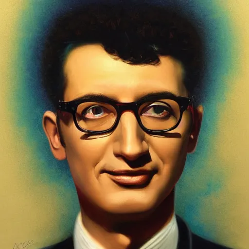 Image similar to UHD tonalism cosmic painting of Buddy Holly, by Antonio Caparo and Ferdinand Knab and Greg Rutkowski, UHD, photorealistic, trending on artstation, trending on deviantart