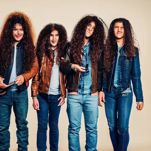 Image similar to Group of ethnically diverse 19-year-old boys and girls with long permed wavy brown hair and afros leather jacket and denim jeans, holding electric guitars, 2022, stoner rock, heavy rock, HD photography