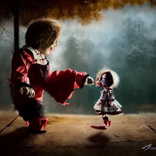 Image similar to the doll annabelle hitting the doll chucky in the face, epic mma fight, dramatic poses, cinematic, disneyland as backdrop, oil painting, by greg rutkowski