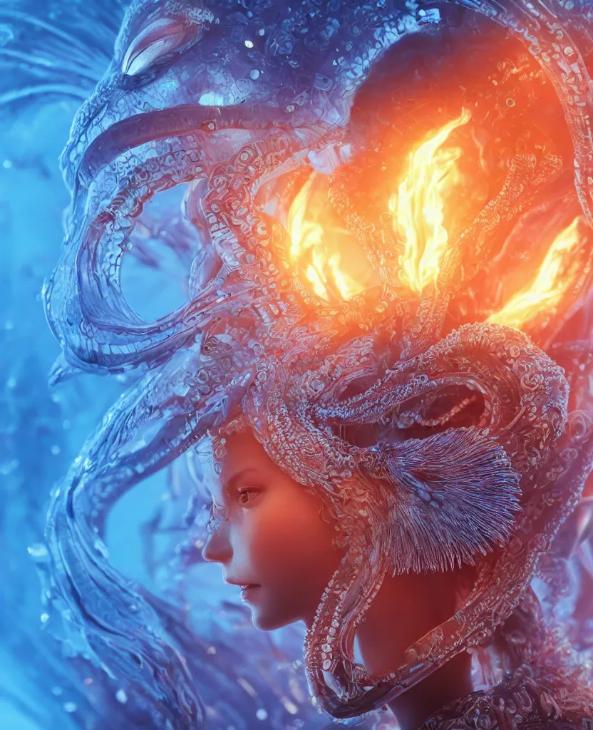 Image similar to close-up macro portrait of the face of a beautiful princess, epic angle and pose, symmetrical artwork, 3d with depth of field, blurred background, cybernetic jellyfish female face skull phoenix bird, translucent, nautilus, energy flows of water and fire. a highly detailed epic cinematic concept art CG render. made in Maya, Blender and Photoshop, octane render, excellent composition, cinematic dystopian brutalist atmosphere, dynamic dramatic cinematic lighting, aesthetic, very inspirational, arthouse. y Greg Rutkowski, Ilya Kuvshinov, WLOP, Stanley Artgerm Lau, Ruan Jia and Fenghua Zhong