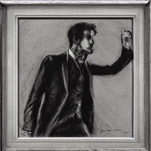 Image similar to action hero mage in suit and tie raising his arm and channeling light magic, by alfred stevens in charcoal