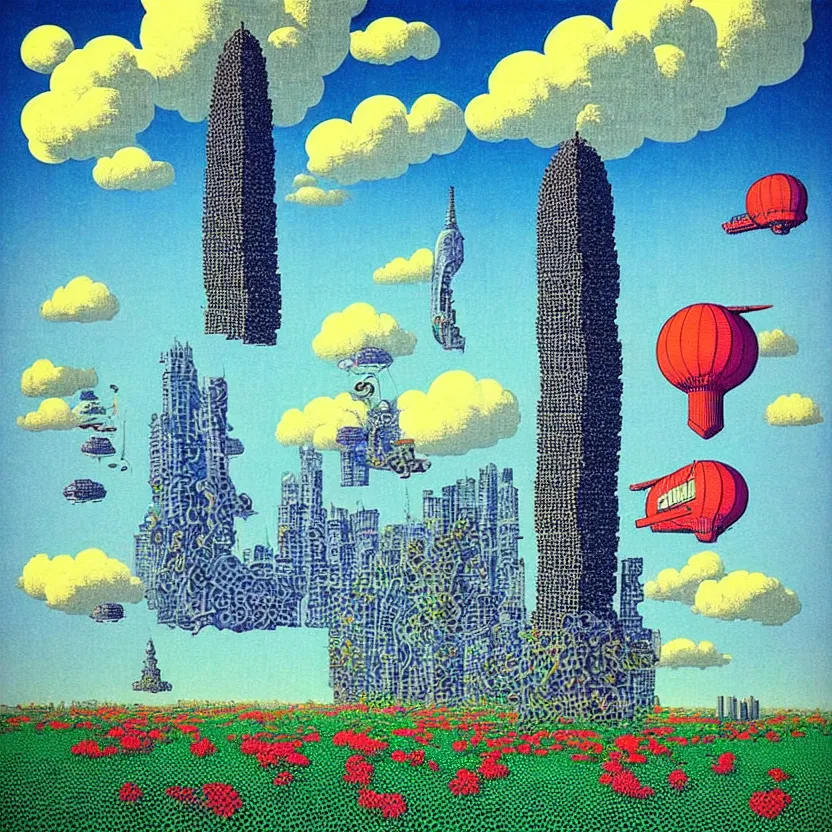 Prompt: surreal glimpse into other universe, mahanakorn tower with airship floating n the sky, summer morning, very coherent and colorful high contrast, art by!!!! rene magritte!!!!, geof darrow, floralpunk screen printing woodblock, dark shadows, hard lighting, stipple brush technique,