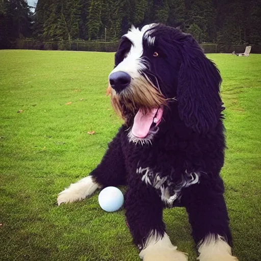 Prompt: “ a midsized black bernedoodle happily playing with a ball in a beautiful vancouver park with the mountains and ocean in the distance, trending on artstation ”