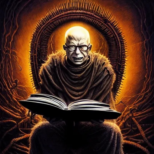 Prompt: uhd photorealistic dark scifi illustration of klaus schwab, reading the necronomicon, wearing orrnate voodoo costume. cinematic lighting, intricate voodoo makeup, bizarre voodoo makeup, in the style of akira toriyama, beksisnski, amano and karol bak, evil, fantasy, hyperdetailed.