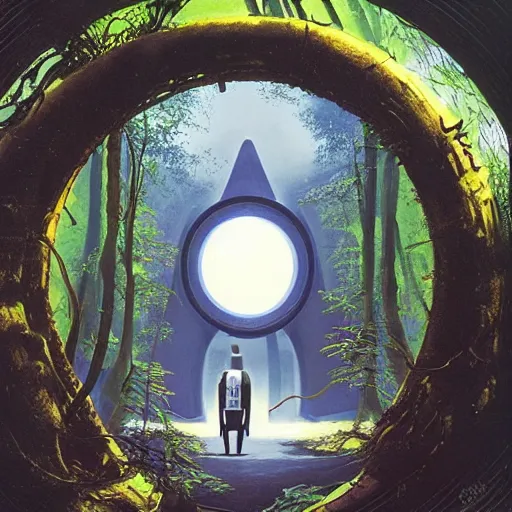 Image similar to portal in a middle of a lush futuristic forest, alien world seen through a portal, person in a cloak standing in front of a portal, syd mead, john harris