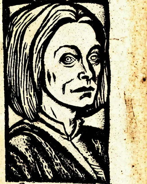 Image similar to woodcut illustration of dana scully from the nuremberg chronicle, 1 4 9 3, sharp scan, restored