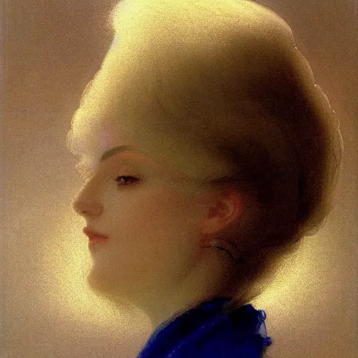 Image similar to young woman's face, her hair is white and she wears a cobalt blue duchesse satin cloak, by syd mead and moebius and roger dean and gaston bussiere and ivan aivazovsky and willem claesz and pieter claesz and paul delaroche and alma tadema and aelbert cuyp, hyperrealistic, volumetric light, octane