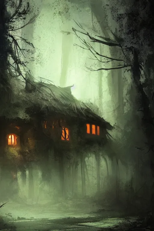 Image similar to an abandoned cottage in the forest at night, intricate, horror, dark volumetric lighting, scenery, digital painting, highly detailed, artstation, sharp focus, illustration, concept art,ruan jia, steve mccurry