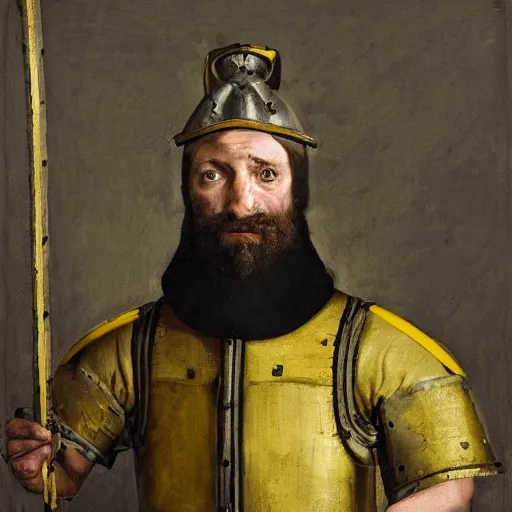Image similar to Portrait of frustrated and acerbic male medieval sergeant with a short beard wearing a {black and yellow tabard} over a steel breastplate and a black gambeson with his hands planted on a table with a war theater map, by Greg Rutkowski, {perfect face}, {perfect eyes}, {hands planted on war table while standing}, fantasy