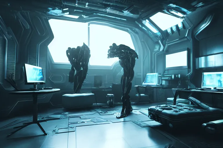 Image similar to cyberpunk alien concept inspired room, futuristic look, highly detailed body, very powerful, photorealistic camera shot, bright studio setting, studio lighting, crisp quality and light reflections, unreal engine 5 quality render