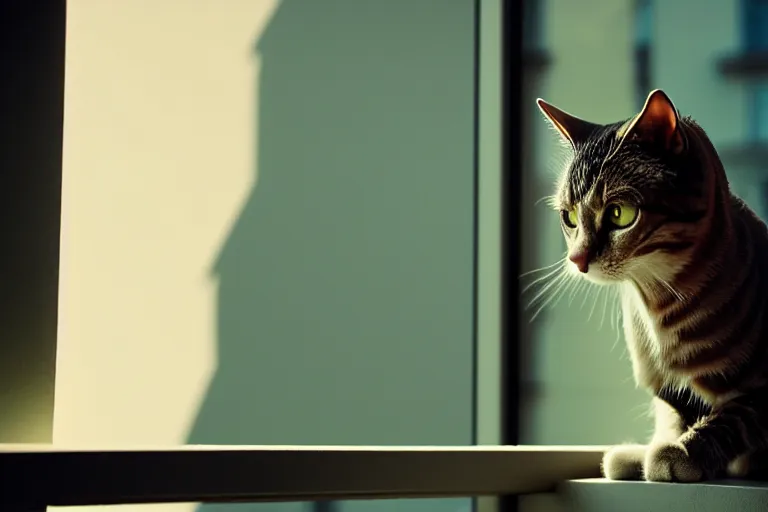 Image similar to vfx film closeup, cat on a window ledge, flat color profile low - key lighting award winning photography arri alexa cinematography, hyper real photorealistic cinematic, atmospheric cool colorgrade