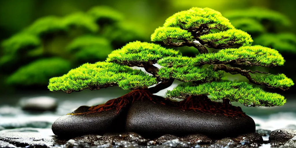 Prompt: photo bonsai cedar on a small emerald rock in the water, gold hour, soft lighting, rain, medium full shot, volumetric lighting, beautiful, ultra detailed, 3 5 mm, fujifilm