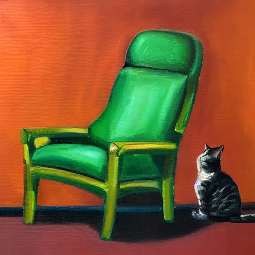 Prompt: a lonely cat laying on a green chair, oil painting