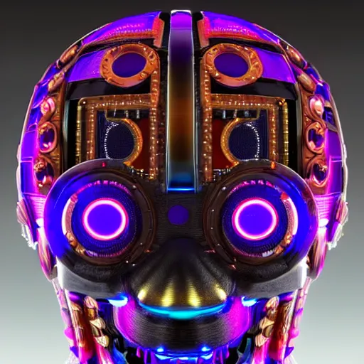 Image similar to portrait of a glossy claymodel of a steampunk aztec futuristic robot head, top of the head is a crown made of wires and multicolored glowing tubes, eyes are multicolored led screen, 8 k, front shot, symetrical, flourescent colors, halluzinogenic, multicolored, insanely detailed, 3 d render, octane