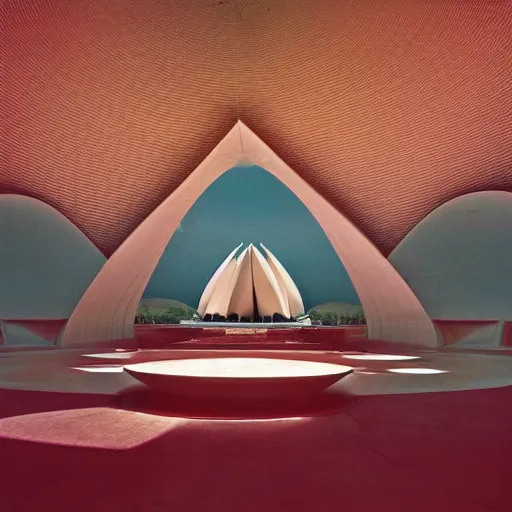 Image similar to interior of a futuristic lotus temple with gold, red and white marble panels, in the desert, by buckminster fuller and syd mead, intricate contemporary architecture, photo journalism, photography, cinematic, national geographic photoshoot