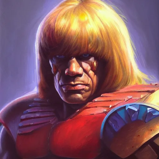 Image similar to portrait painting of he - man, ( ( ( art by kenne gregoire ) ) ), 4 k,, highly detailed, epic lighting