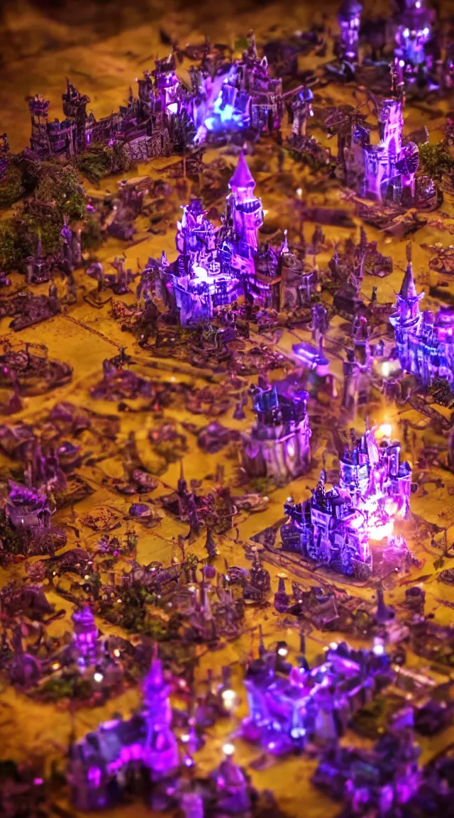 Image similar to robot with purple lights destroying a fantasy castle, professional photo, hdr, bokeh, sci fi, tiny castle, fantasy, small world, toys