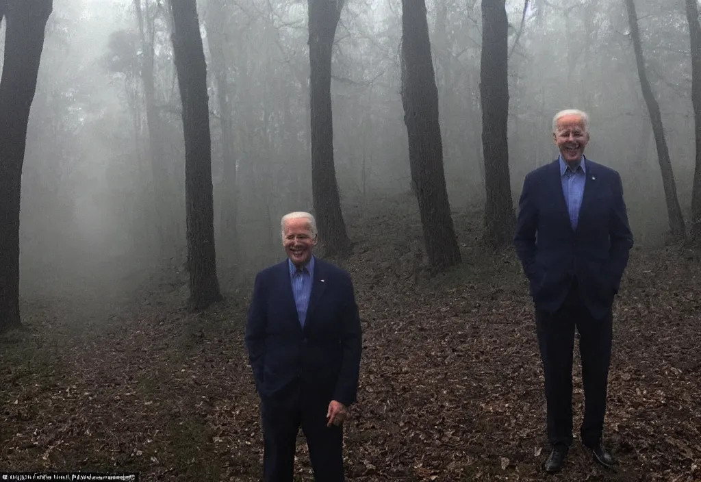 Image similar to low quality iphone photo of joe biden standing ominously deep in the foggy woods with a demonic smile in his face, low visibility creepy