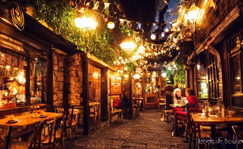 Image similar to medieval tavern, cafe with elves on a date, alleyway, ambient, atmospheric, british, cozy, bokeh, romantic, colorful lanterns