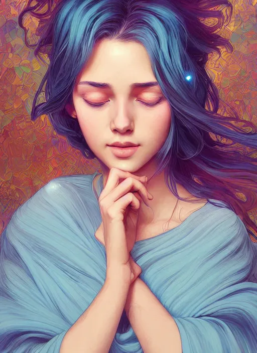 Image similar to handsome young women with shoulder length light blue hair, half body shot, path traced, highly detailed, high quality, digital painting, alena aenami, lilia alvarado, shinji aramaki, karol bak, alphonse mucha, tom bagshaw