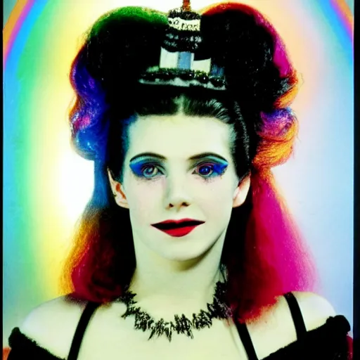 Image similar to a medium shot of a beautiful young 80's goth woman, gently smiling with glowing rainbow eyes, as directed by stanley kubrick in 1985. the woman has styled rainbow and silver hair of many colors. she is wearing an intricate white lace elizabethan ruff. 4k, 8k, professional, filmic