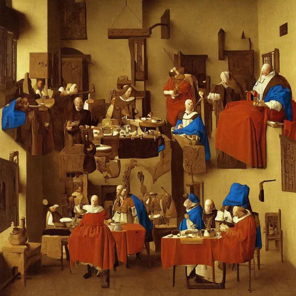 Image similar to Noble lunch. They dined in a large, richly furnished room. There were a lot of food on the table. Medieval painting by Jan van Eyck, Johannes Vermeer, Florence,