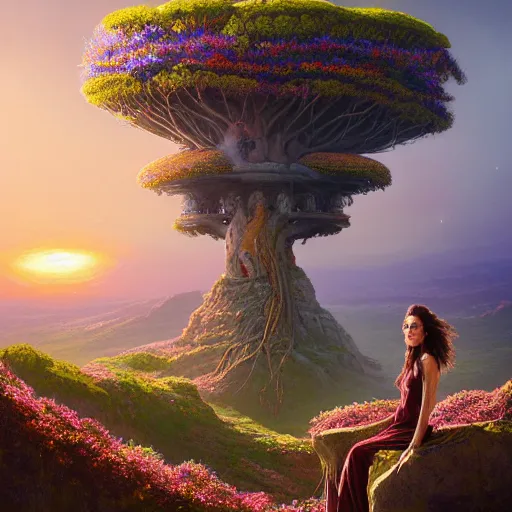 Prompt: a very regal kate beckinsale with colorful dreadlocks and lots of jewlery sitting on a cliff overlooking a field of colorful flowers with a giant glowing baobab tree in the middle, it is sunset, by greg rutkowski and android jones and Alena Aenami in a surreal cyberpunk! style, oil on canvas, highly detailed face, 8k hd,