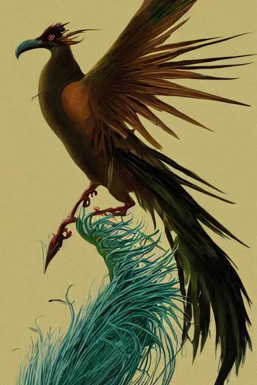 Image similar to king of saxony bird - of - paradise energy, painted by stephen hickman and tom jung and greg theakston and matthew stawicki, trending on artstation, dramatic brown and lime lighting side view illustrator, symbolism, very very intricate, magic realism, minimalism