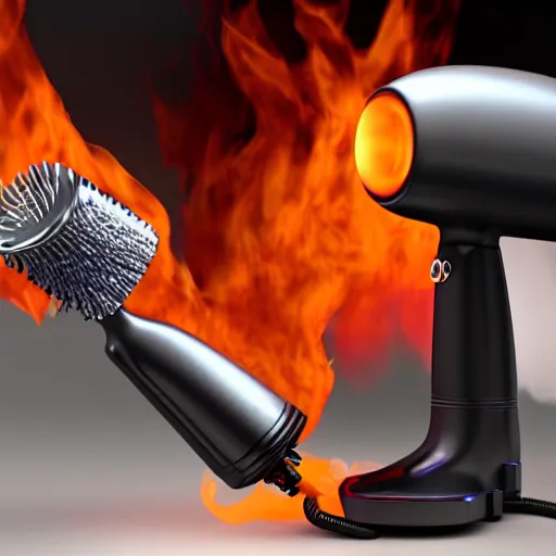 Prompt: a flamethrower in the design of a hairdryer, detailed product photo, 3 d render, blender