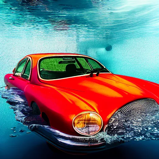 Image similar to hyperrealistic photo of an old jaguar car underwater in a swimming poo, rainbow colorsl, 4 k, 8 k, thin film, full shot