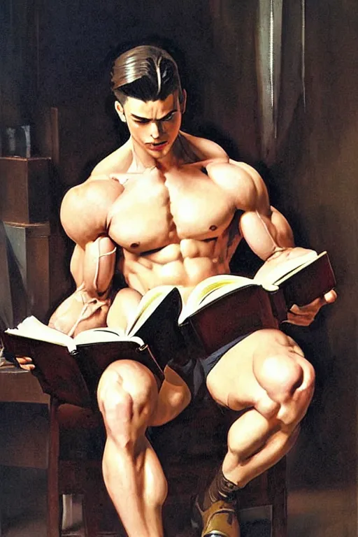 Prompt: attractive man reading book, muscular, painting by j. c. leyendecker, yoji shinkawa, katayama bokuyo