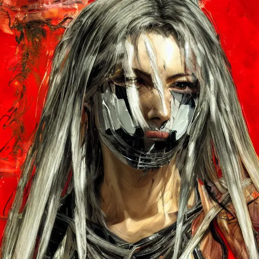 Image similar to Blurred oil portrait with broad brush strokes of an anime girl with a long white hair, black eyes and cracks on her face wearing Elden Ring armour with engraving in the style of Yoji Shinkawa, abstract patterns on the background, expressive brush strokes, hairs fluttering on the wing, noisy film grain effect, highly detailed, Renaissance oil painting, weird portrait angle, blurred lost edges, three quarter view