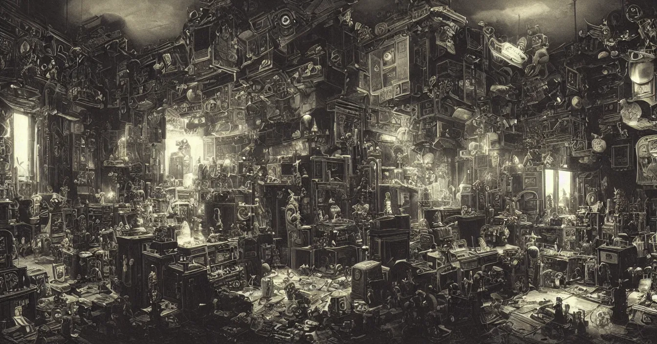 Image similar to Wide view of a room interior of strange hardware geek from far future, full of various electronic hardware components, devices and instruments, incredible sharp detail, back light contrast, dramatic dark atmosphere, bright vivid colours, reclections, metal speculars, painted by Asher Brown Durand , Gustave Dore, George Inness, Martin Johnson Heade