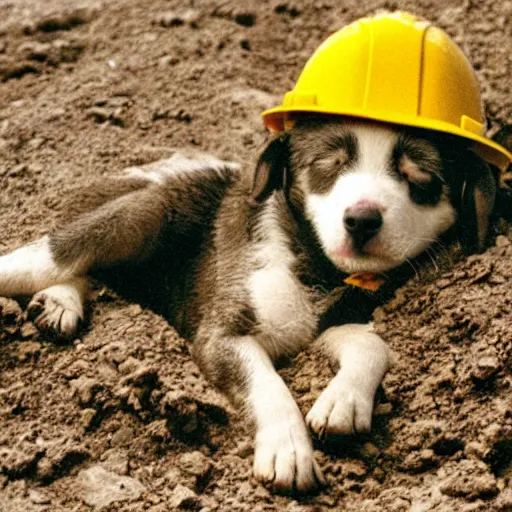 Prompt: sleeping puppy wearing hard hat in dusty coal mine, drilling rig, photo from 1 9 9 8,