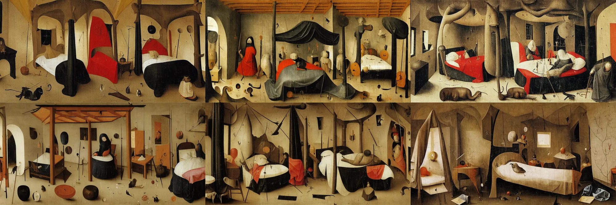 Prompt: a cozy bedroom decorated by Hieronymous Bosch, detailed, high resolution, wow!, intricate