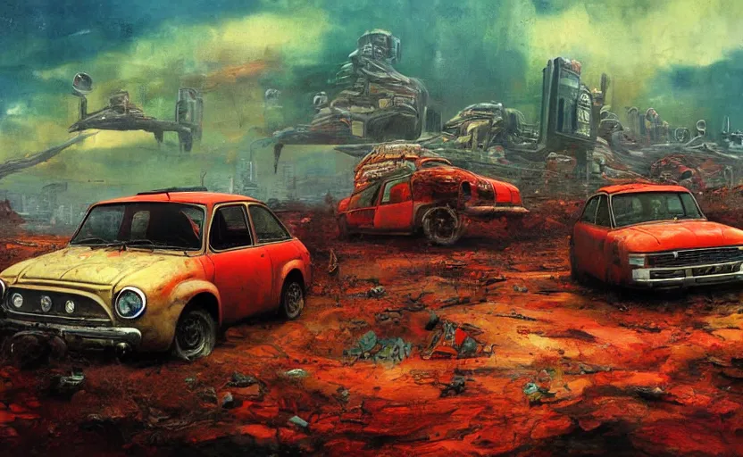 Prompt: red fiat in a post - apocalyptic landscape, dramatic scifi painting, highly detailed, dystopian, low angle view, by alex schomburg, by paul lehr