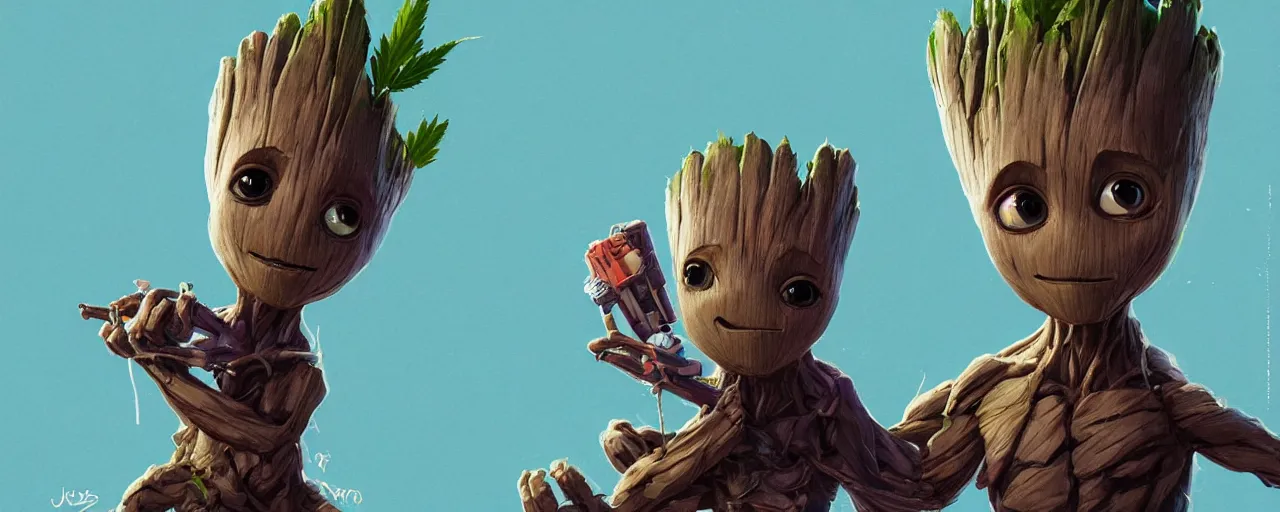 Image similar to duotone concept illustration 3 / 4 portrait of baby groot wearing cannabis hat, hemp, marijuana!, cinematic volumentric lighting, jim cheung, david marquez, mike deodato jr, ilya kuvshinov, makoto shinka, behance hd by jesper ejsing, by rhads, hyper detailed, octane render, concept art, artstation