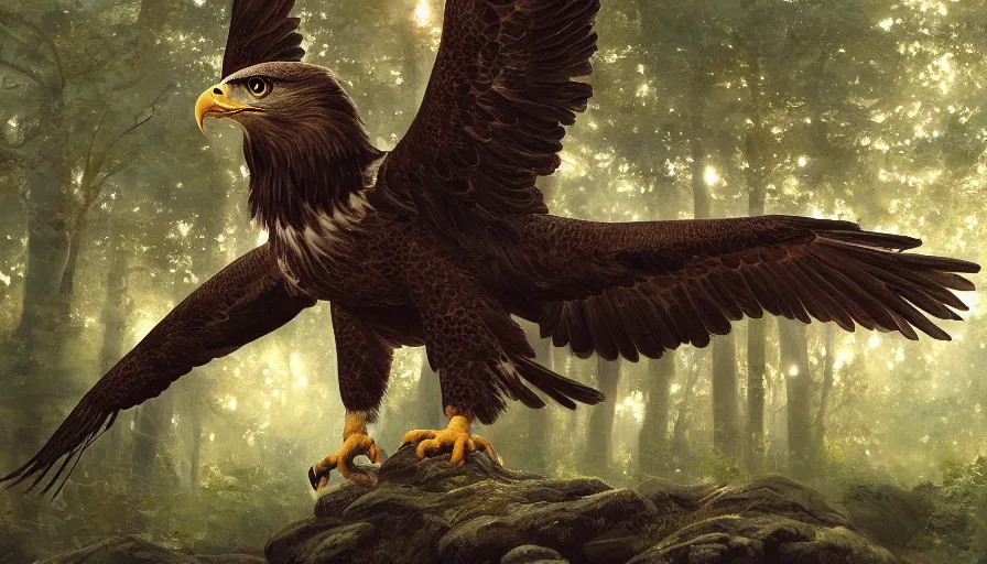 Prompt: A beautiful detailed painting of an eagle with a lion body in a magical forest, ray traced sun light, by john sargent and Kalin Popov , Trending on artstation HD.