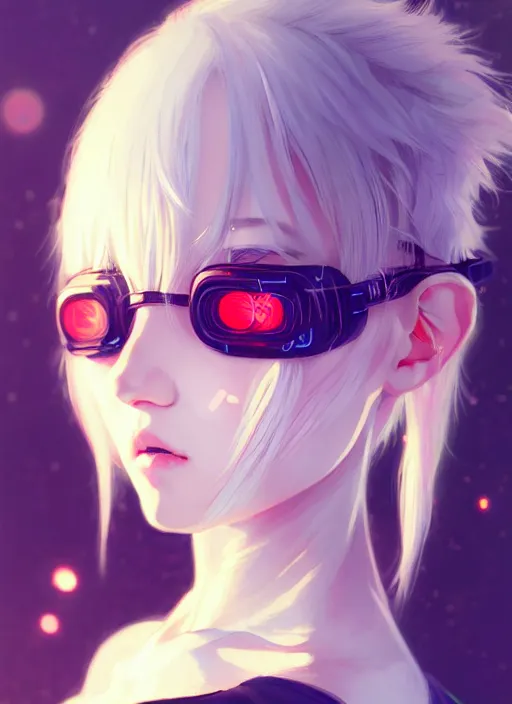 Image similar to portrait Anime girl cyberpunk, cute-fine-face, white-hair pretty face, realistic shaded Perfect face, fine details. Anime, cyberpunk. realistic shaded lighting by Ilya Kuvshinov and Gustav Klimt