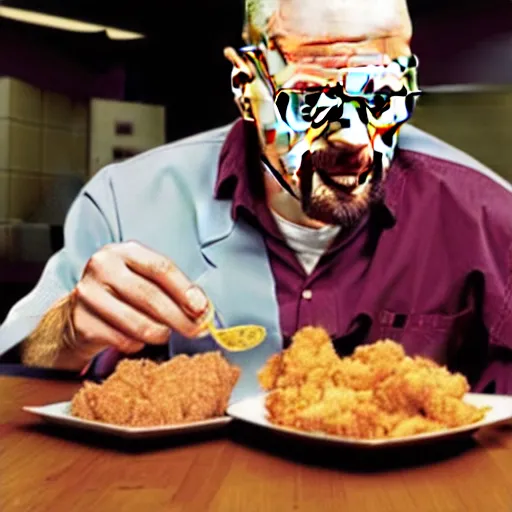 Image similar to Walter White eating fried chicken with pink sauce