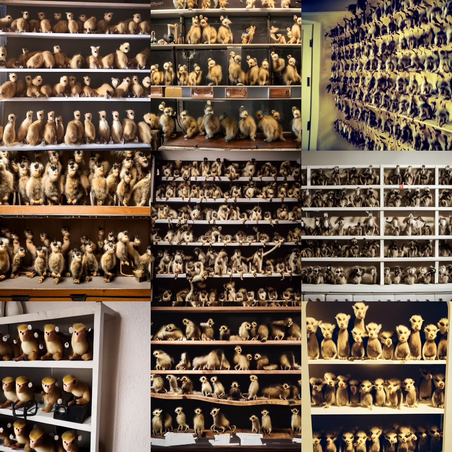 Prompt: shelf of taxidermy monkeys, dramatic lighting, polaroid