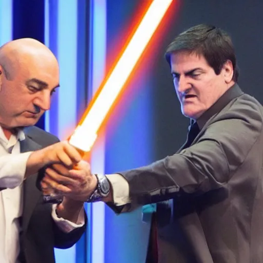 Image similar to Jedi Kevin O'Leary cutting Mark Cuban flesh with a lightsaber, in Shark Tank (2016)